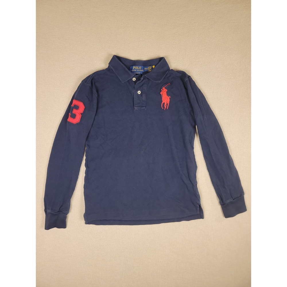 Polo Ralph Laurenb Boys M Collar Navy Red Large Pony 3 Button Long Sleeve Derby
